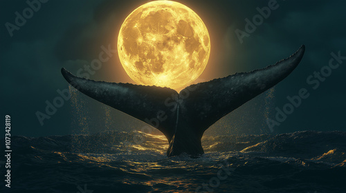 A bright full moon scene with bird like fish under water. photo