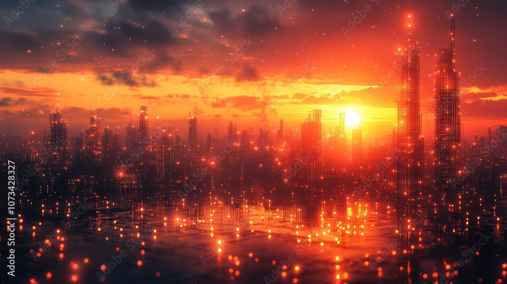 Obraz premium Futuristic graphene battery-powered smart city grid at sunset.