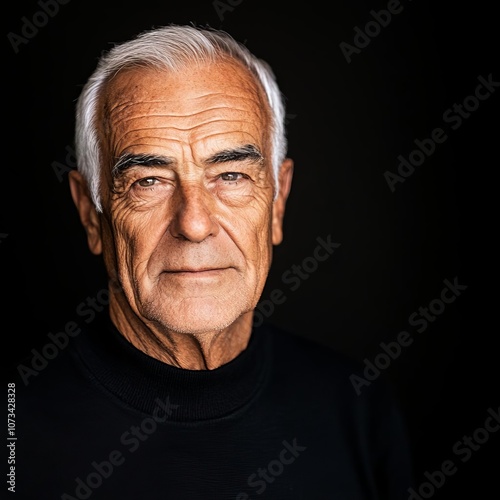 High-contrast portrait of elderly man, diffused studio lighting, deep wrinkles, expressive face