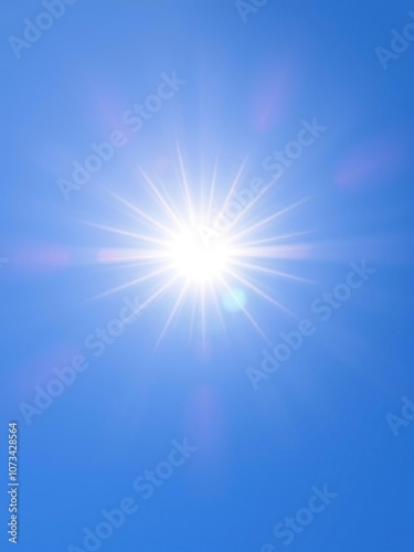 Bright vector sun with a vibrant lens flare on a clear blue sky background, flare, summer, backdrop