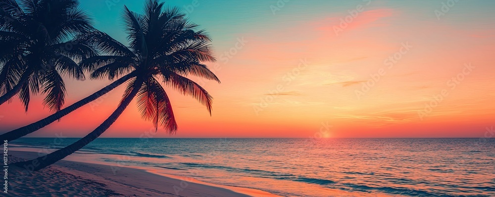 Obraz premium A serene beach scene featuring palm trees silhouetted against a vibrant sunset over the calm ocean.