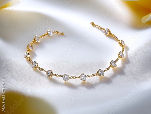 A delicate gold anklet with diamond details, neatly laid on a white background