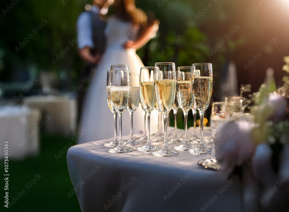 A table filled with champagne flutes sits in the foreground with a blurred image of a bride and groom dancing in the background. A table filled with champagne flutes sits in the foreground with a blurred image of a bride and groom dancing in the background.