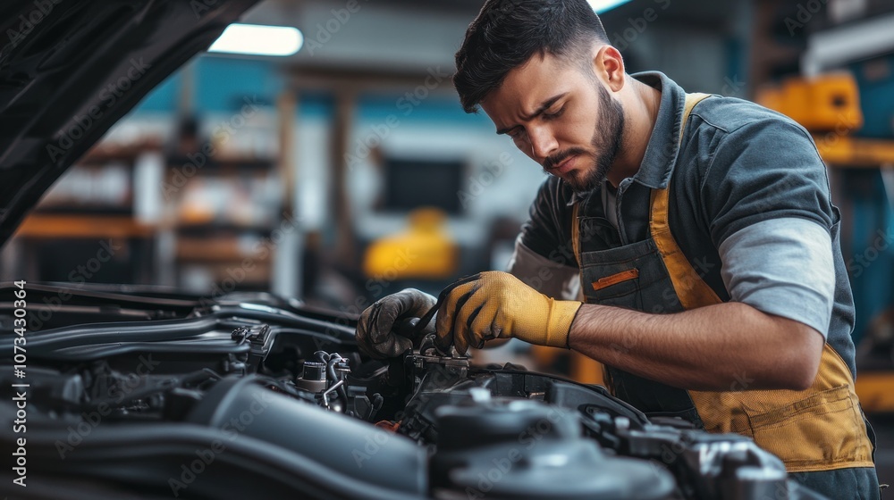 A mechanic working on a car engine in a workshop. A mechanic working on a car engine in a workshop.