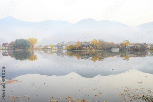 Autumn morning scenery of Wiyangji (pond) in Miryang, Gyeongsangnam-do, Korea photo