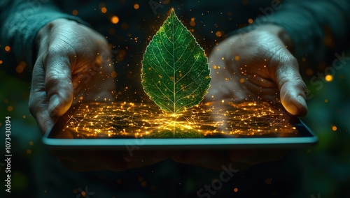 A businessman holding a tablet with a green leaf and a digital hologram of energy flow, representing a sustainable business model and an ecology concept. 