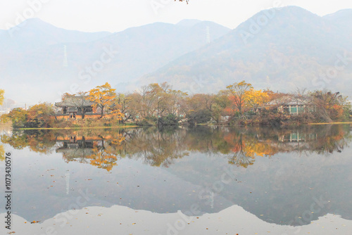 Autumn morning scenery of Wiyangji (pond) in Miryang, Gyeongsangnam-do, Korea photo