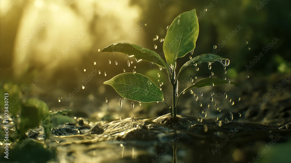 A young green plant surrounded by soil and bathed in gentle sunlight, with water droplets falling on its leaves, symbolizing growth and renewal.. A young green plant surrounded by soil and bathed in gentle sunlight, with water droplets falling on its leaves, symbolizing growth and renewal..