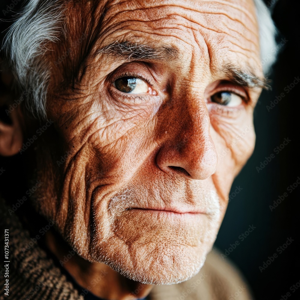 Portrait of elderly man, diffused lighting, deep wrinkles, expressive close-up