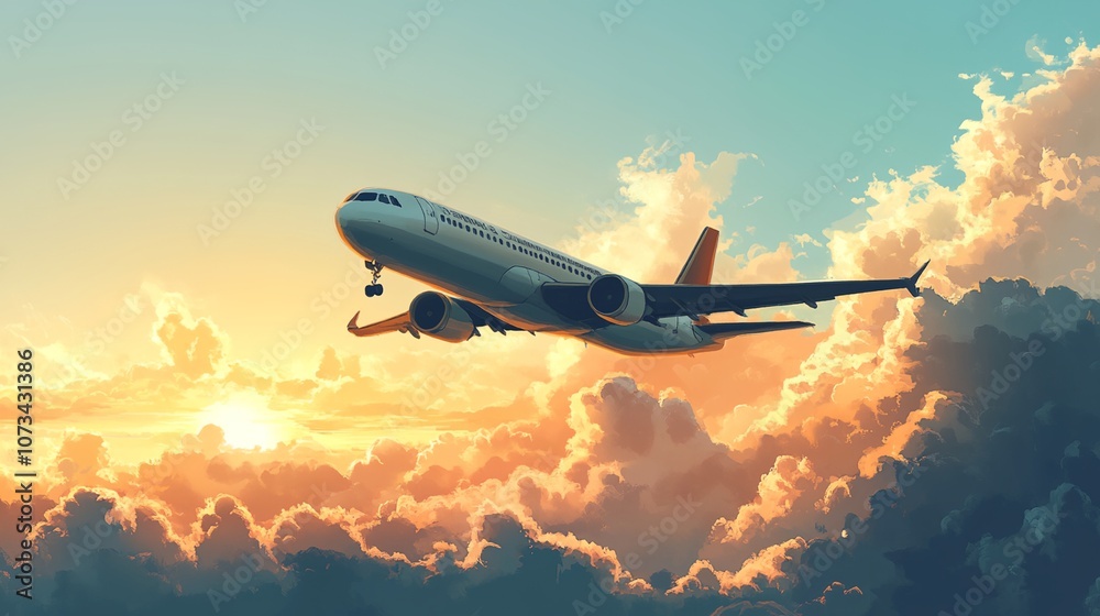 A white airplane is flying through a cloudy sky with a sun in the background A white airplane is flying through a cloudy sky with a sun in the background