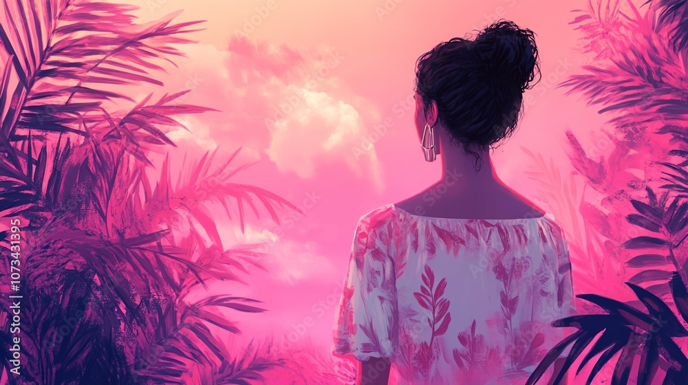 A woman is standing in a forest with pink leaves