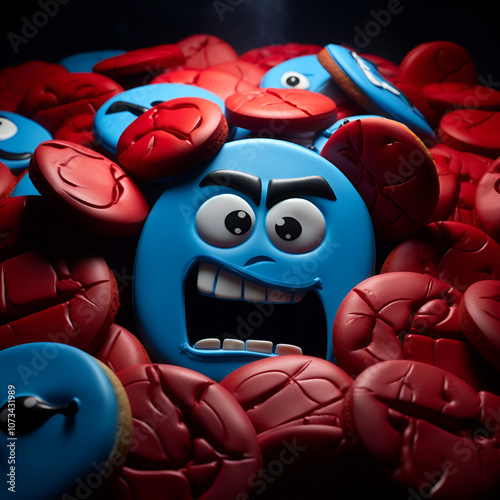A cartoon image of a donut shaped like a scared, angry face. Generative AI