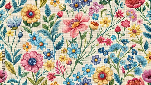 Wallpaper Mural A seamless pattern featuring a vibrant medley of blossoms in hues of blue, pink, yellow, and red, set against a textured beige background. Torontodigital.ca
