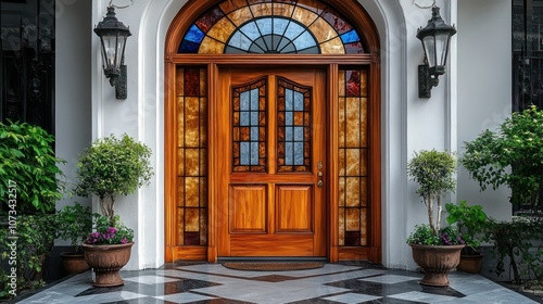 Luxury front door with stained glass inserts, isolated on a transparent background.