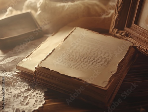 A vintage scene features scattered papers, an open book, ornate frames, and dreamy, warm lighting.