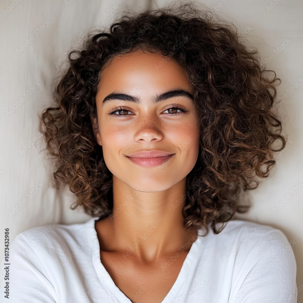 Portrait of young woman with curly hair, diffused lighting, soft focus, serene expression Portrait of young woman with curly hair, diffused lighting, soft focus, serene expression