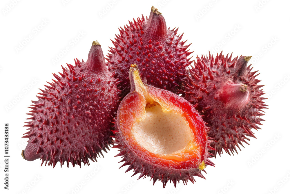 Four red annatto fruits with spikes on the outside, isolated white background Four red annatto fruits with spikes on the outside, isolated white background
