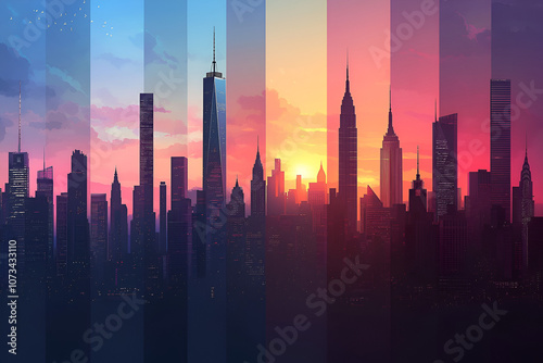 City skylines at different times of day. Silhouettes of city.