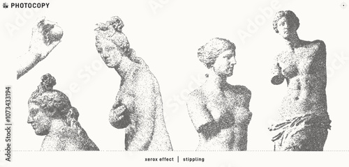 Set of stippling images of classic Greek Venus statues. Retro style illustration