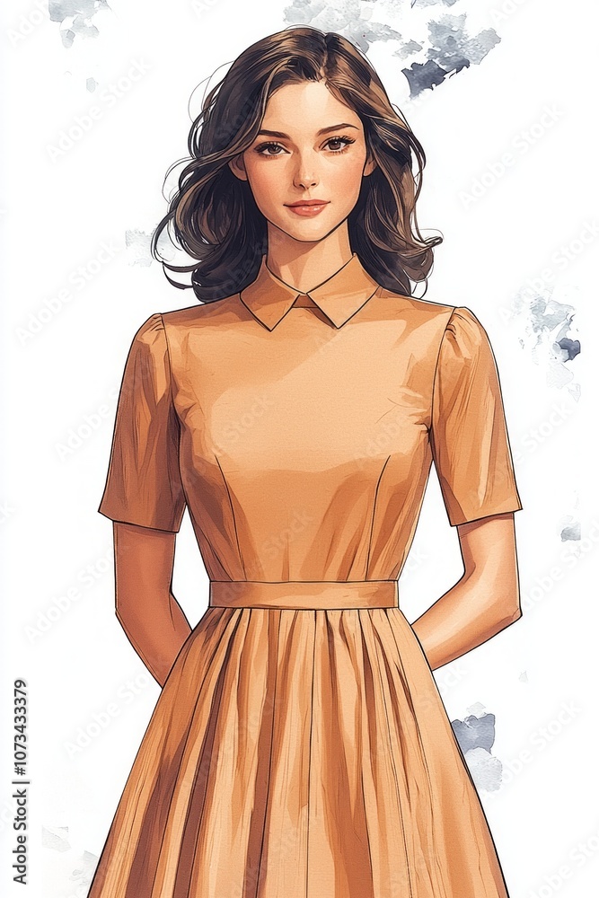 illustration features beautifully designed midi dress soft lines and scoop neckline perfect relaxed and feminine look accentuated warm pastel tones. illustration features beautifully designed midi dress soft lines and scoop neckline perfect relaxed and feminine look accentuated warm pastel tones.