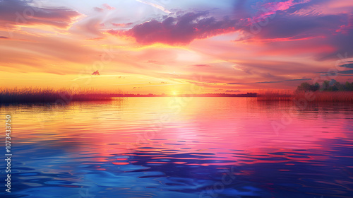 Beautiful pink sunset blue sky purple sea background blurred watercolor sunrise quiet ocean beach landscape
