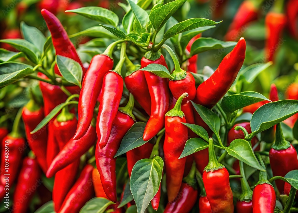 A close-up view captures the fiery red of chili peppers on a green bush. A close-up view captures the fiery red of chili peppers on a green bush.