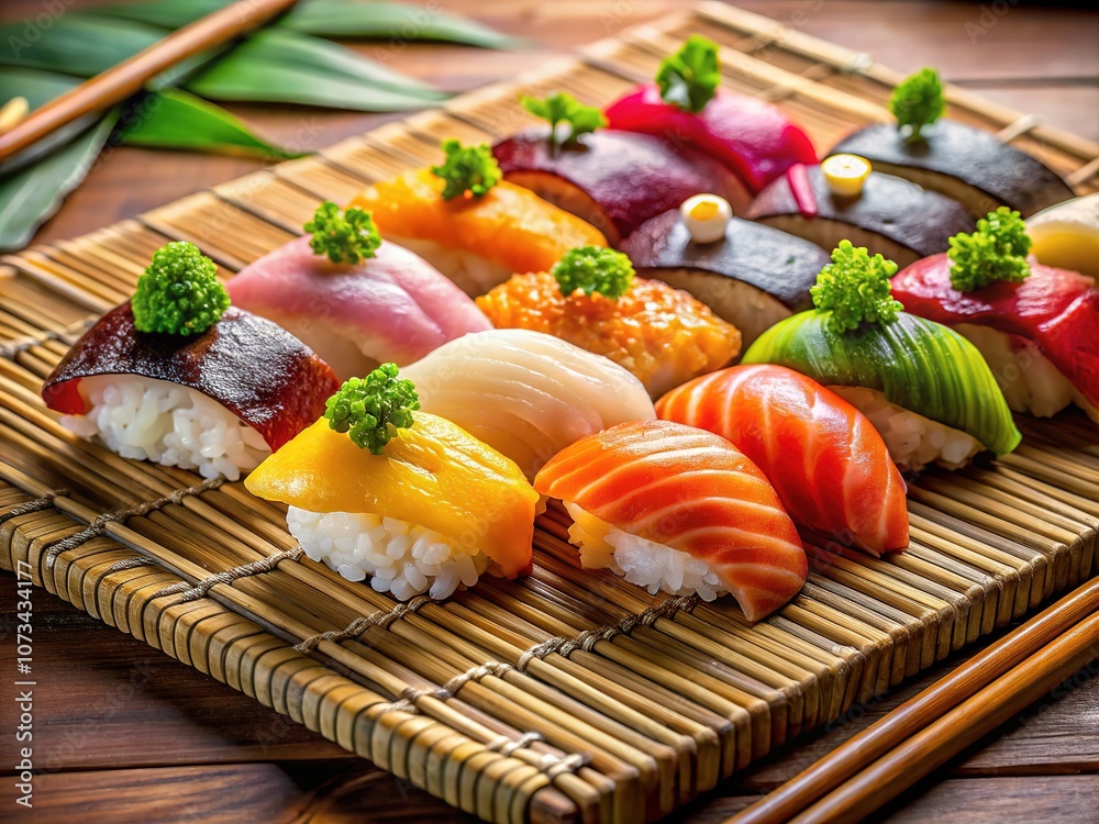 A delectable sushi nigiri assortment arranged on a bamboo mat, highlighting the shiny textures of fresh fish. Captured in exquisite 8K photography for ultimate detail. A delectable sushi nigiri assortment arranged on a bamboo mat, highlighting the shiny textures of fresh fish. Captured in exquisite 8K photography for ultimate detail.