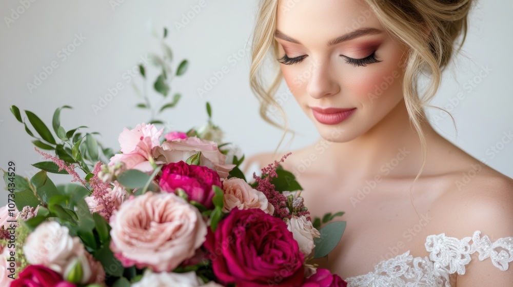 Bride with a vibrant bouquet of pink and red roses, exuding elegance and joy, AI Bride with a vibrant bouquet of pink and red roses, exuding elegance and joy, AI