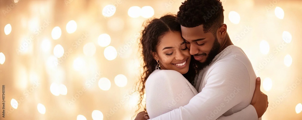 Young couple hugging, diffused light, soft and warm atmosphere Young couple hugging, diffused light, soft and warm atmosphere