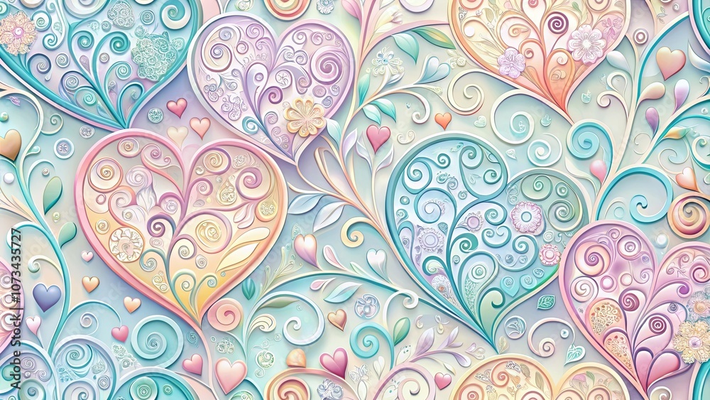 Fototapeta premium Whimsical Hearts Intertwined in a Kaleidoscope of Pastel Hues and Delicate Floral Designs