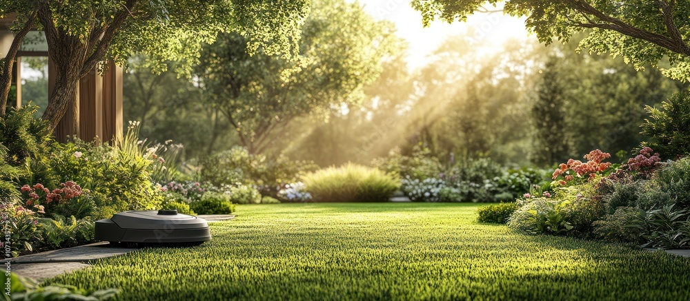 Fototapeta premium A robotic lawnmower cutting grass in a lush green garden on a sunny day.