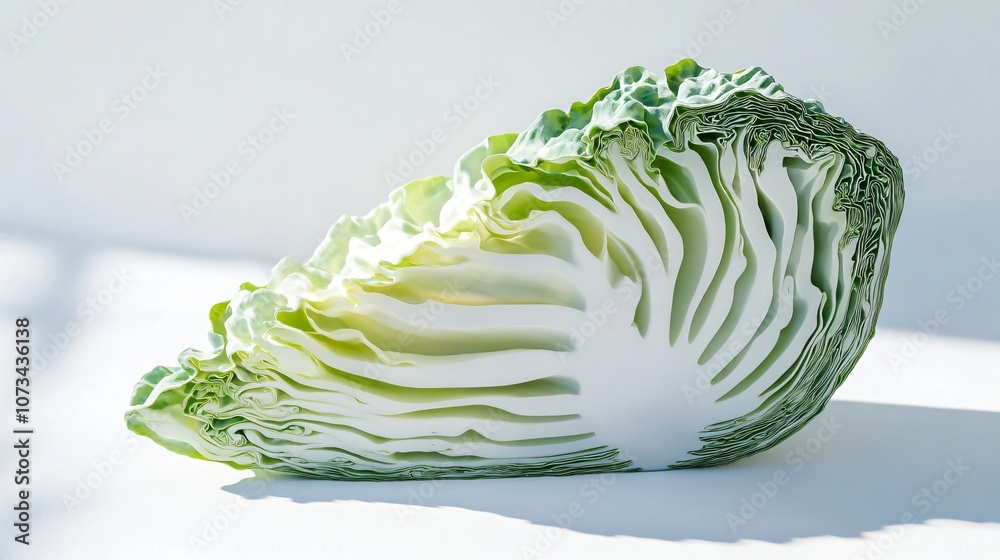 Obraz premium Cabbage wedge with vibrant green and white layers, isolated on a minimalist white background with light shadows