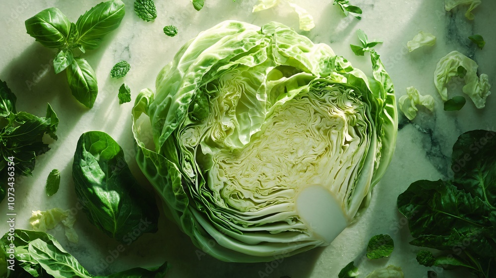 Obraz premium Cut cabbage in abstract shapes, isolated on a stone background with vibrant green herbs as accents