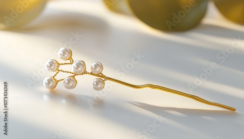A stylish gold hairpin with embedded pearls, positioned on a clean white surface