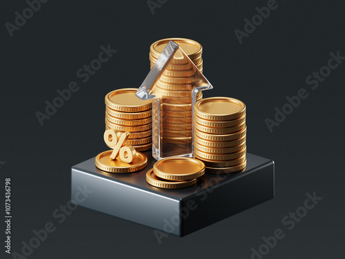 Growth financial business gold coin money currency on 3d investment background with success finance graph stock profit chart. Rise percentage up arrow exchange interest rate increase price strategy.