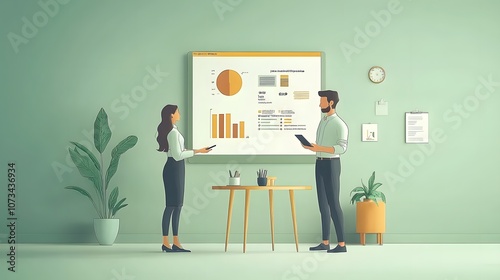 Business illustration showing two people analyzing data with presentation screen, featuring charts and graphs on light green background in flat vector art style. photo