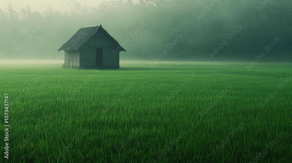 Tranquil Landscape with an Isolated Wooden Hut Surrounded by Lush Green Rice Fields Under a Misty Sky at Dawn