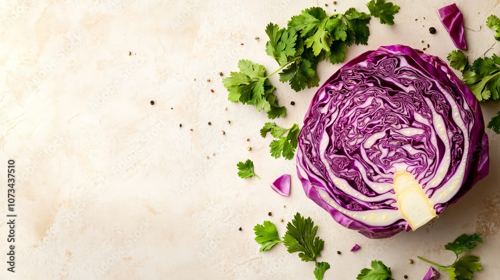 Obraz premium Head of purple cabbage partially sliced, isolated on a smooth cream background with a sprig of cilantro