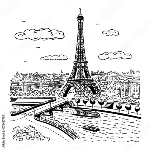 Eiffel Tower in Paris with city in background top view. Paris landmark. Vector linear illustration. Doodle style