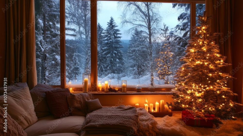 Cozy Christmas Interior with a Snowy View and Lit Christmas Tree Cozy Christmas Interior with a Snowy View and Lit Christmas Tree
