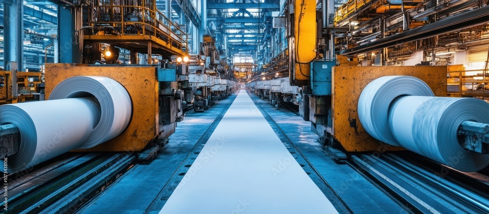 Paper mill production line with large rolls of paper. Paper mill production line with large rolls of paper.