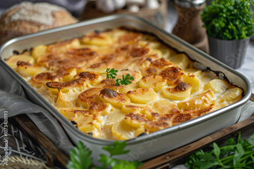 Creamy potato bake served elegantly, accompanied by fresh herbs and bread photo