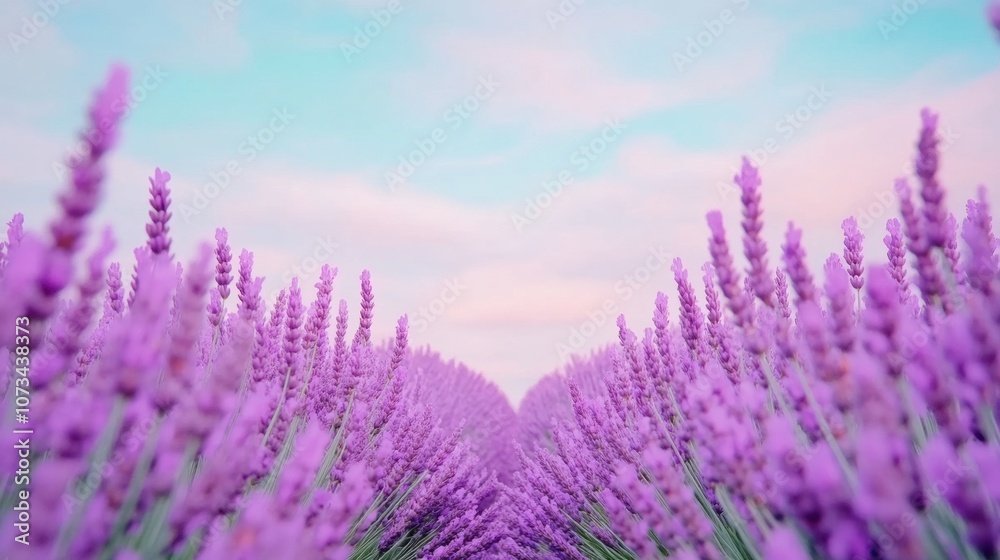 Fototapeta premium Lavender fields stretch under a pastel sky, creating a serene and aromatic landscape, AI
