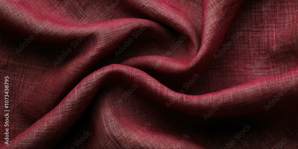 Close-up of a burgundy textured fabric with a subtle sheen, the fabric is draped and folded in a way that creates soft curves and shadows Close-up of a burgundy textured fabric with a subtle sheen, the fabric is draped and folded in a way that creates soft curves and shadows