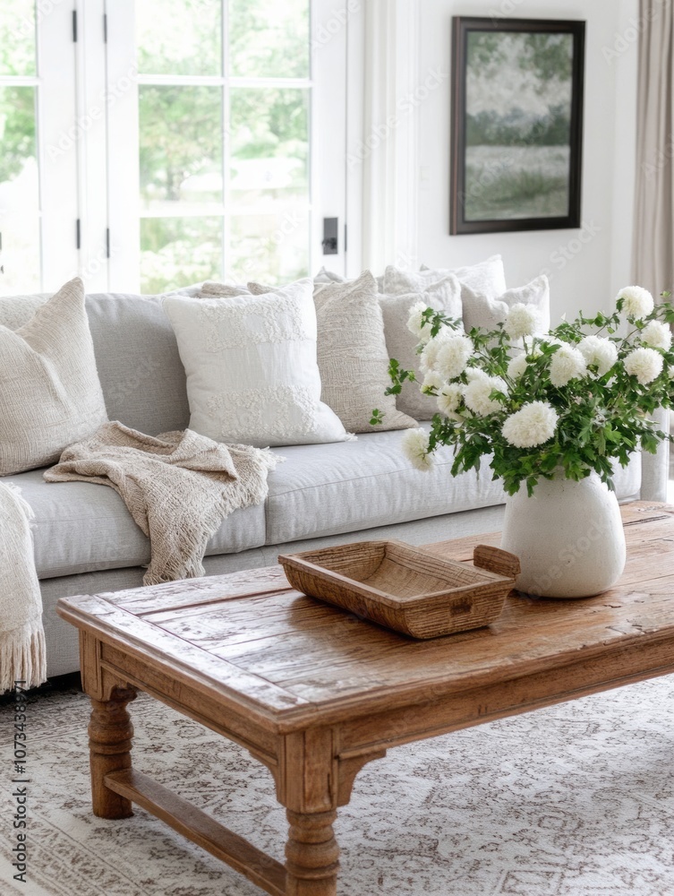 White Sofa and Coffee Table with Flowers in a Modern Living Room White Sofa and Coffee Table with Flowers in a Modern Living Room