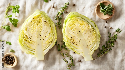 Whole and quartered cabbage pieces, isolated on a linen background with fine herbs and cracked pepper photo