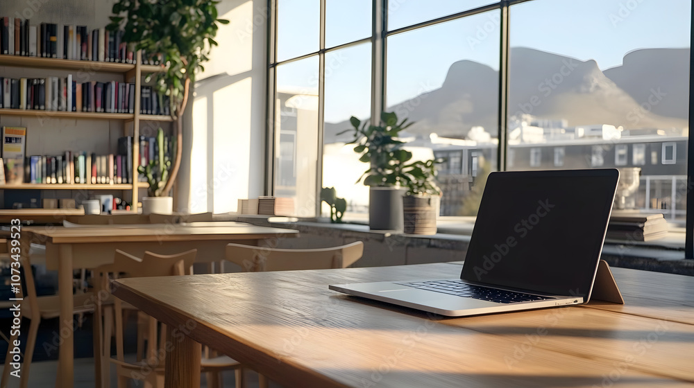 Fototapeta premium A laptop on a wooden table in a minimalist Scandinavian coffee shop co-working space or library.