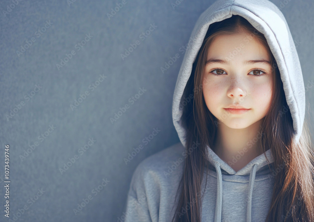 Portrait of beautiful teenager teen girl wearing hoodie jumper.Macro.AI Generative. Portrait of beautiful teenager teen girl wearing hoodie jumper.Macro.AI Generative.