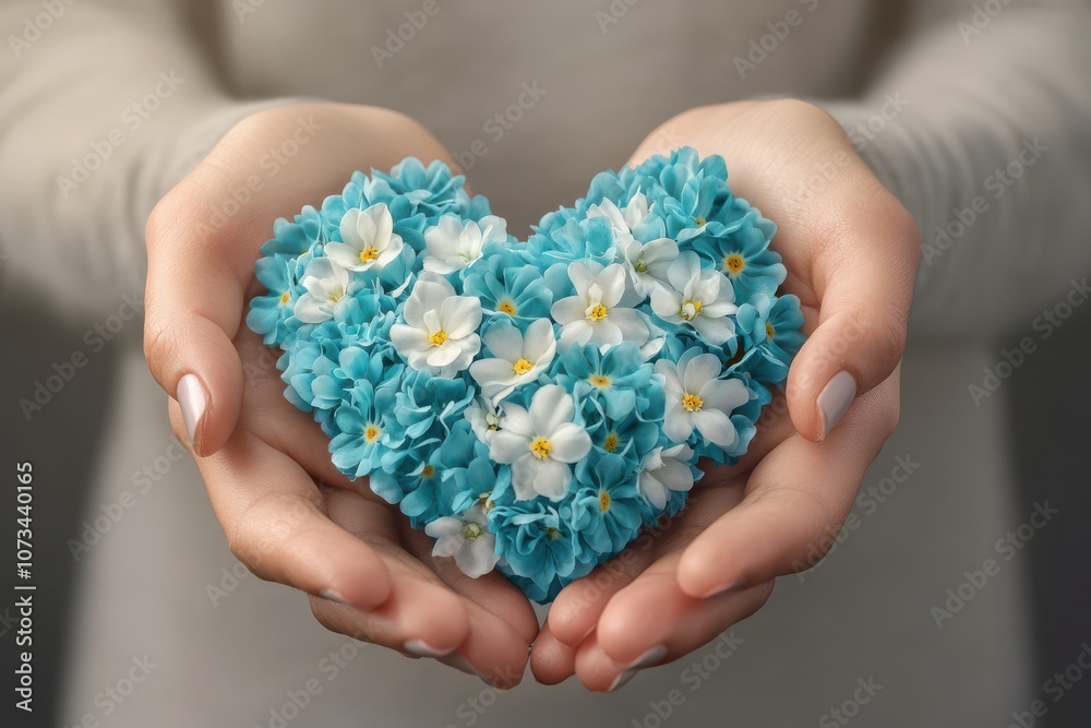 Hands holding heart-shaped bouquet with blue and white flowers for Mother Day Hands holding heart-shaped bouquet with blue and white flowers for Mother Day