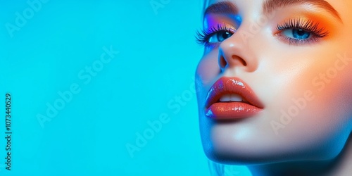 Studio beauty portrait of beautiful woman model with colorful makeup and perfect skin on blue background.Macro.AI Generative.